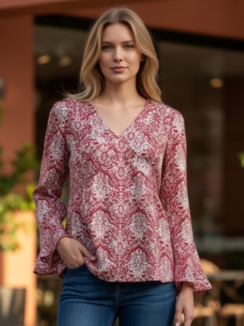 Sundance Silk Blouse Red Paisley V Neck Boho Peasant Top Petite 10 P10